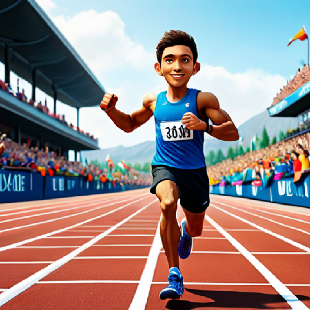 The Dedicated Runner**

A determined, fully clothed, animated character in athletic attire, focused on the race ahead on a brightly colored, fantasy-themed track; background shows cheering crowds; perfect anatomy, correct proportions, well-formed hands, proper finger count, safe for work, appropriate content, professional, family-friendly.

**
