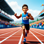Home 16 The Dedicated Runner**
A determined, fully clothed, animated character in athletic attire, focused on the race ahead on a brightly colored, fantasy-themed track; background shows cheering crowds; perfect anatomy, correct proportions, well-formed hands, proper finger count, safe for work, appropriate content, professional, family-friendly.
**