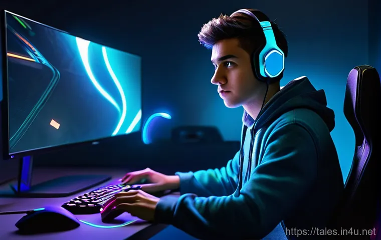 테일즈런너 VPN 사용 가이드 - **Prompt:** A young adult gamer, gender-neutral, sits in a dimly lit room, their face illuminated by...