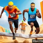 테일즈런너 랭킹전 팀플레이 요령 - A dynamic team of diverse runners in a vibrant, colorful obstacle racing game environment, each char...