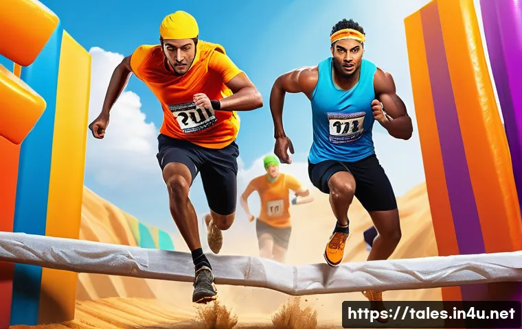 테일즈런너 랭킹전 팀플레이 요령 - A dynamic team of diverse runners in a vibrant, colorful obstacle racing game environment, each char...