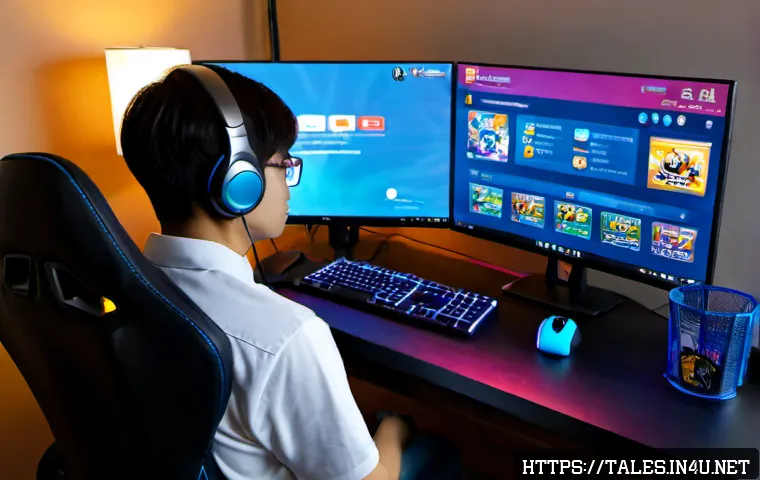 Home 30 테일즈런너 계급전 참여법 - Photorealistic over-the-shoulder view of a young adult gamer seated at a clean desktop computer, nav...