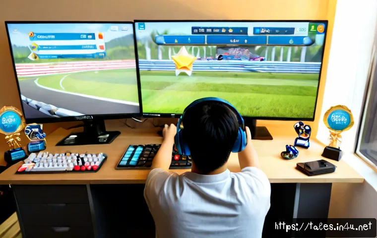 테일즈런너 등급 시스템의 장단점 - Photorealistic home gaming desk scene illustrating a fair progression system, a young adult player w...