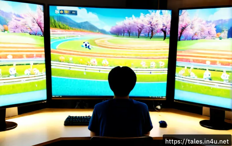 Home 17 테일즈런너 시즌별 이벤트 - Photorealistic gaming desk scene showing a cheerful young adult player viewing a colorful fantasy ru...